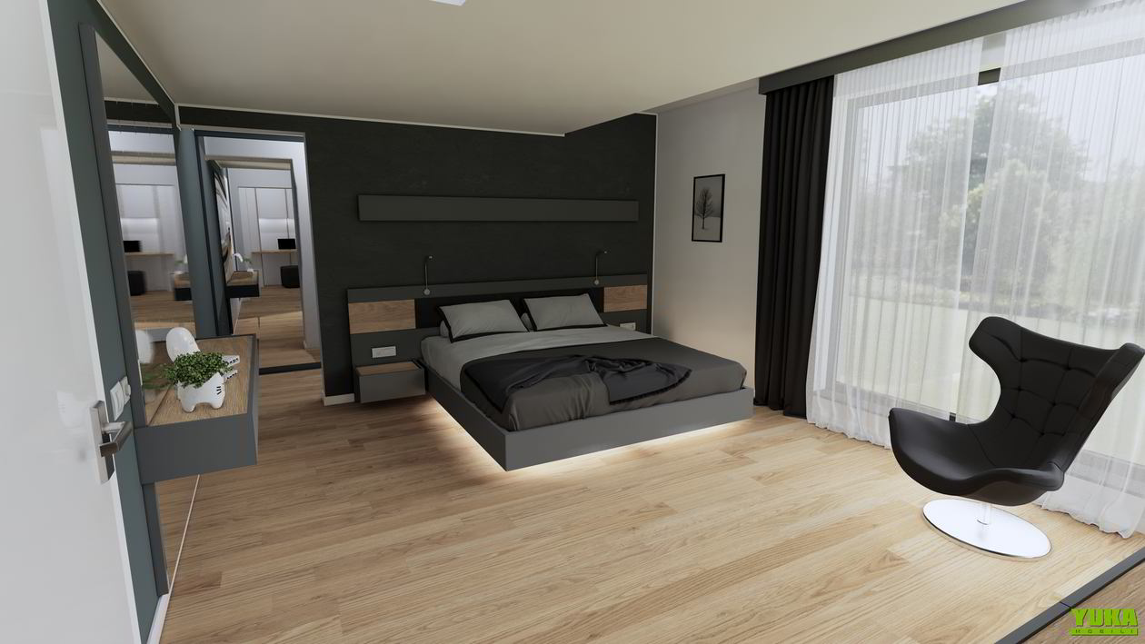 Proiect mobila Dormitor matrimonial, cu pat central suspendat, compozitie mica pentru TV, placare perete, 21m², realizat 30 Ianuarie 2020 COD.7959