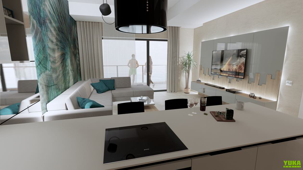 Proiect mobila Bucatarie cu peninsula, pe colt, fara manere, pana in tavan, cu semi-masa integrata, unita cu Living-Room, 15m², L 600 x H 285cm, elaborat 05 Martie 2020 COD.8614