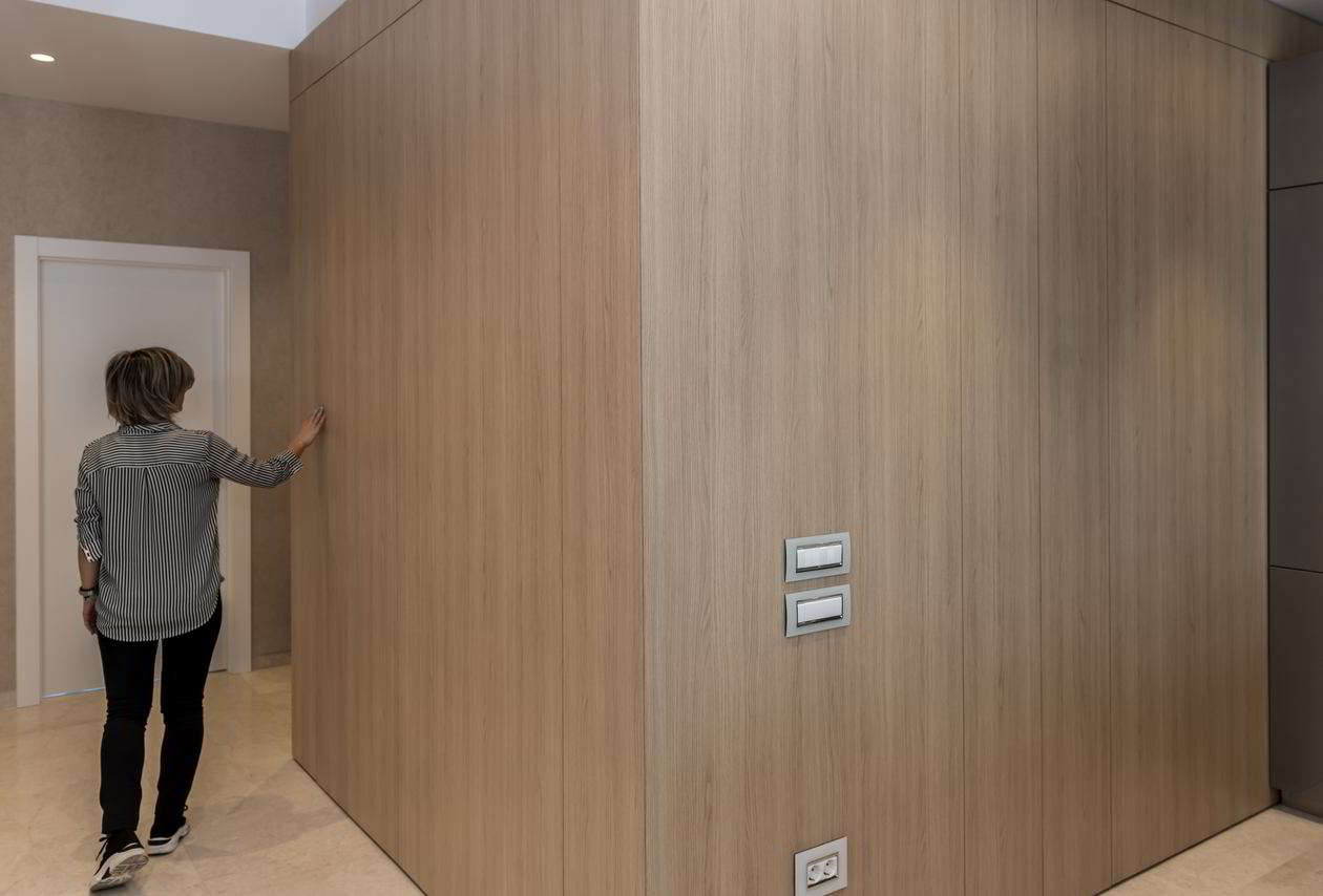Proiect mobila Hol in Open Space, unit cu Living-Room si Bucataria, cu dressing, dulap pana in tavan, placare perete, sistem inchidere cu usi batante, 5m², realizat 05 Martie 2020 COD.8619