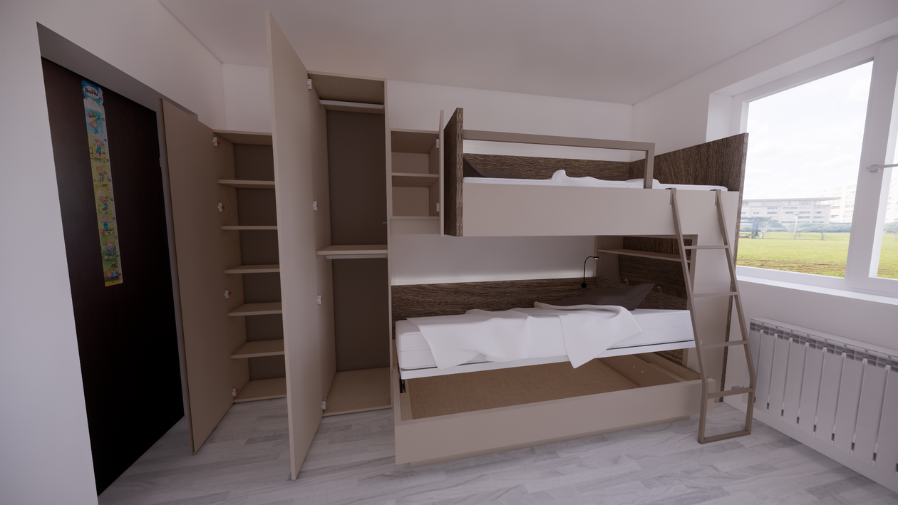 Proiect mobila Camera junior pentru doi copii, cu paturi suprapuse, la 10m², realizat 06 Martie 2020 COD.8649