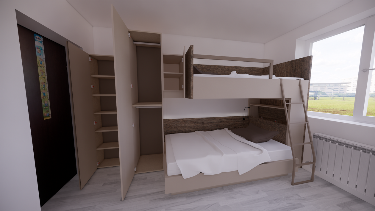 Proiect mobila Camera junior pentru doi copii, cu paturi suprapuse, la 10m², realizat 06 Martie 2020 COD.8649