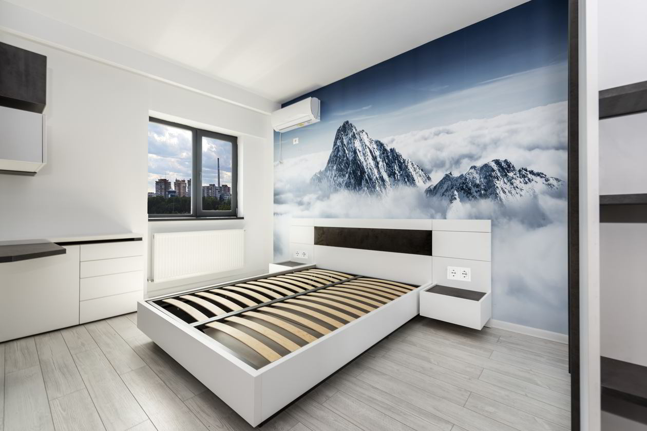 Proiect mobila Dormitor matrimonial, cu dulap pana in tavan, birou integrat, compozitie pentru machiat, riflaje, pat central, 12m², realizat 28 Aprilie 2020 COD.9473