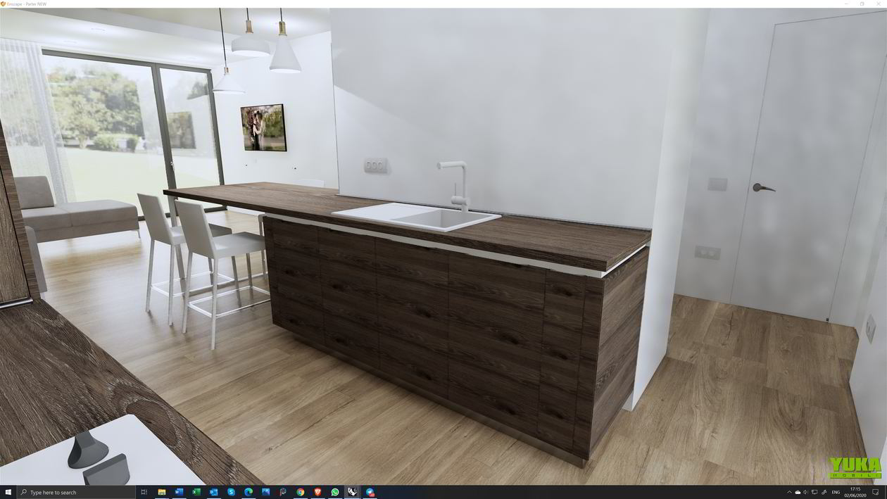 Mobila Bucatarie pana in tavan, cu peninsula, fara manere, pe doi pereti paraleli, cu masa integrata fixa, unita cu Living-Room si Hol, 18m², L 820 x H 270cm — foto 1 din 7