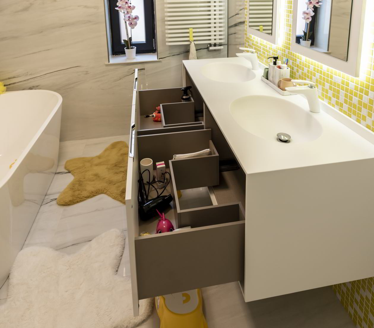 Proiect mobila Baie cu acces din Dormitor, comoda cu sertare, oglinda, 9m², realizat 20 Iulie 2020 COD.10925