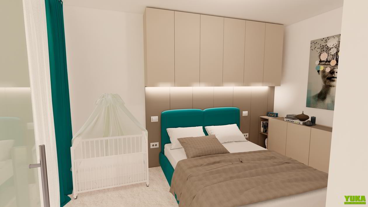 Proiect mobila Dormitor matrimonial, cu dulap suspendat, placare perete, 13m², realizat 22 Iulie 2020 COD.10978