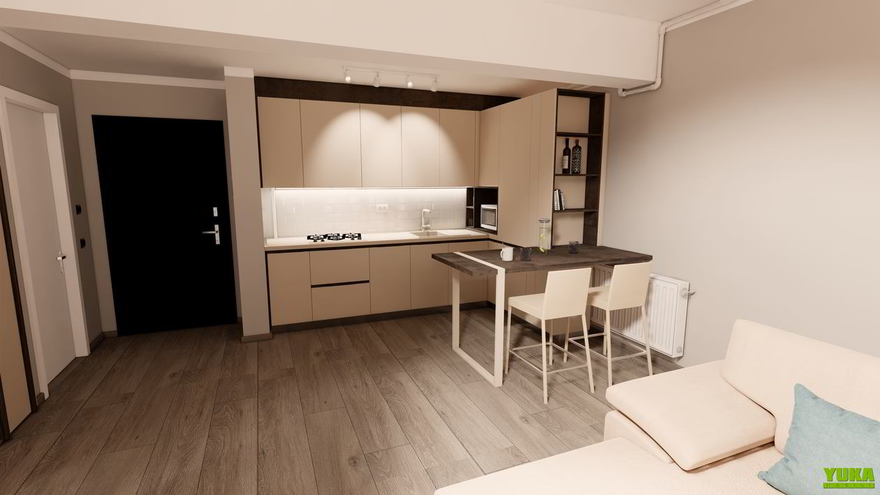 Mobila Bucatarie pana in tavan, fara manere, pe colt, cu masa integrata fixa, unita cu Living-Room si Hol, 10m², L 712 x H 251cm — foto 1 din 7