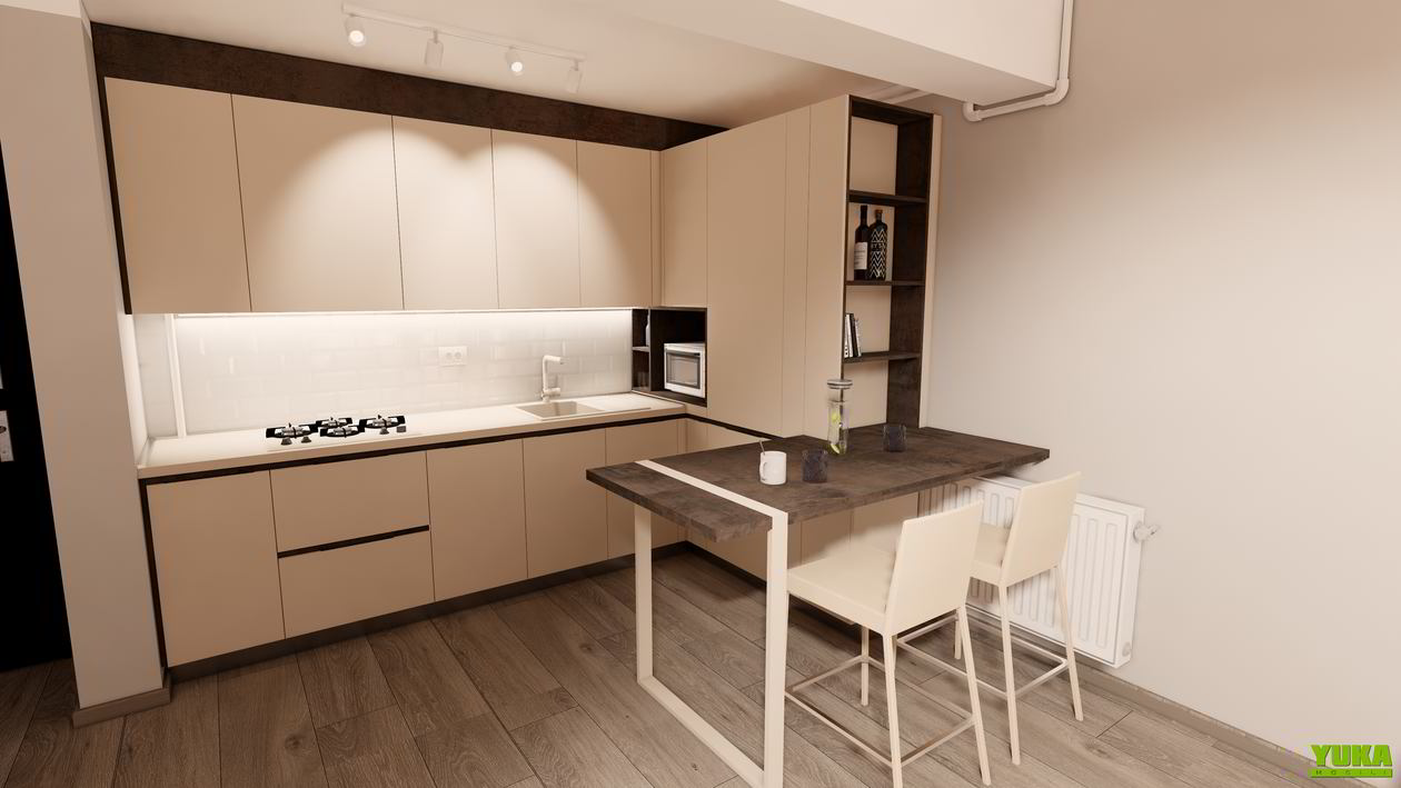 Mobila Bucatarie pana in tavan, fara manere, pe colt, cu masa integrata fixa, unita cu Living-Room si Hol, 10m², L 712 x H 251cm — foto 2 din 7