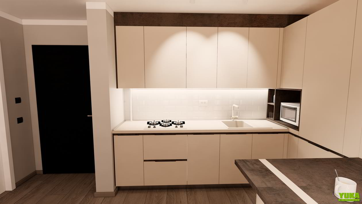 Mobila Bucatarie pana in tavan, fara manere, pe colt, cu masa integrata fixa, unita cu Living-Room si Hol, 10m², L 712 x H 251cm — foto 3 din 7