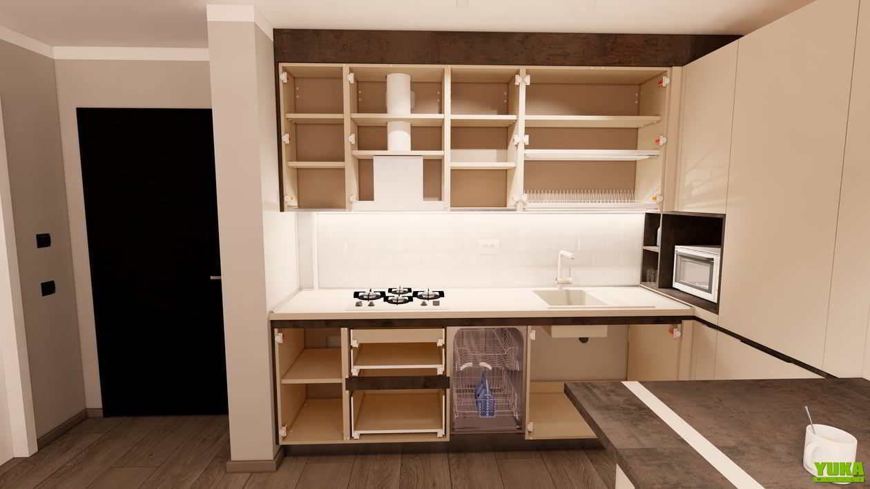 Mobila Bucatarie pana in tavan, fara manere, pe colt, cu masa integrata fixa, unita cu Living-Room si Hol, 10m², L 712 x H 251cm — foto 4 din 7
