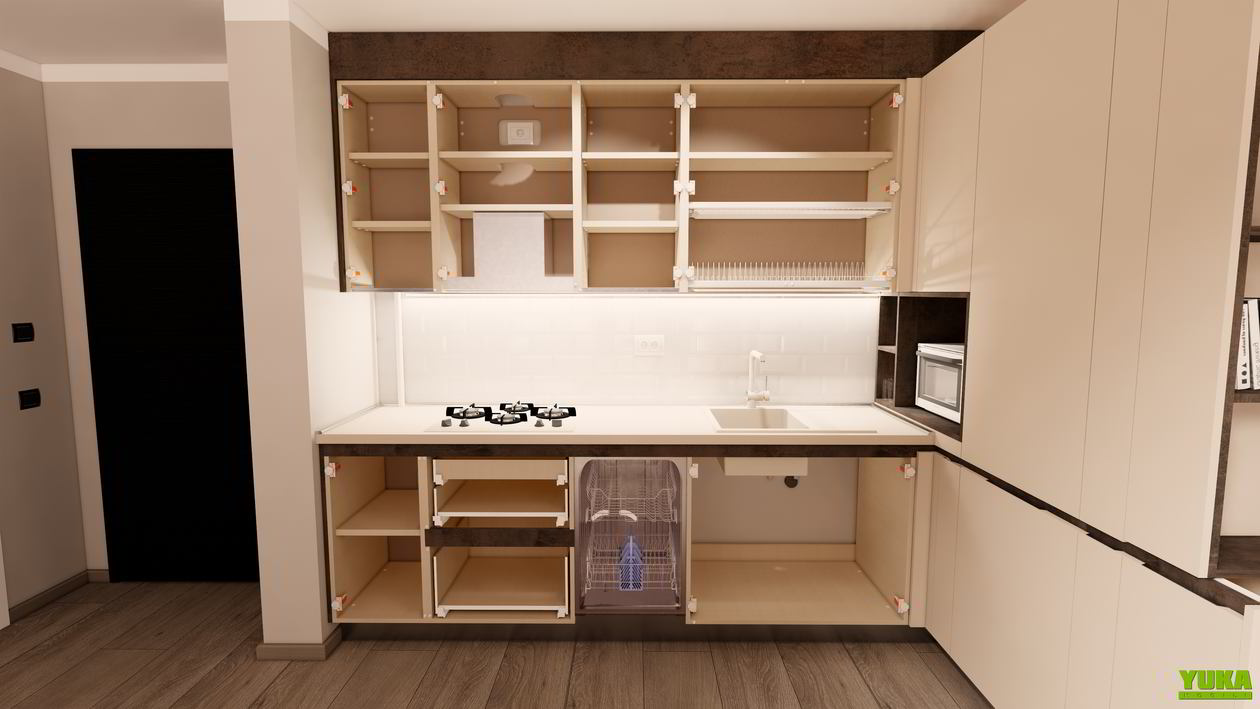 Mobila Bucatarie pana in tavan, fara manere, pe colt, cu masa integrata fixa, unita cu Living-Room si Hol, 10m², L 712 x H 251cm — foto 5 din 7