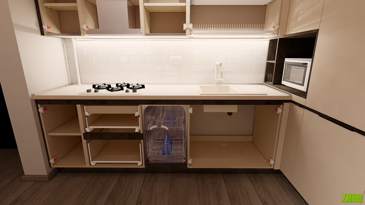 Mobila Bucatarie pana in tavan, fara manere, pe colt, cu masa integrata fixa, unita cu Living-Room si Hol, 10m², L 712 x H 251cm — foto 6 din 7