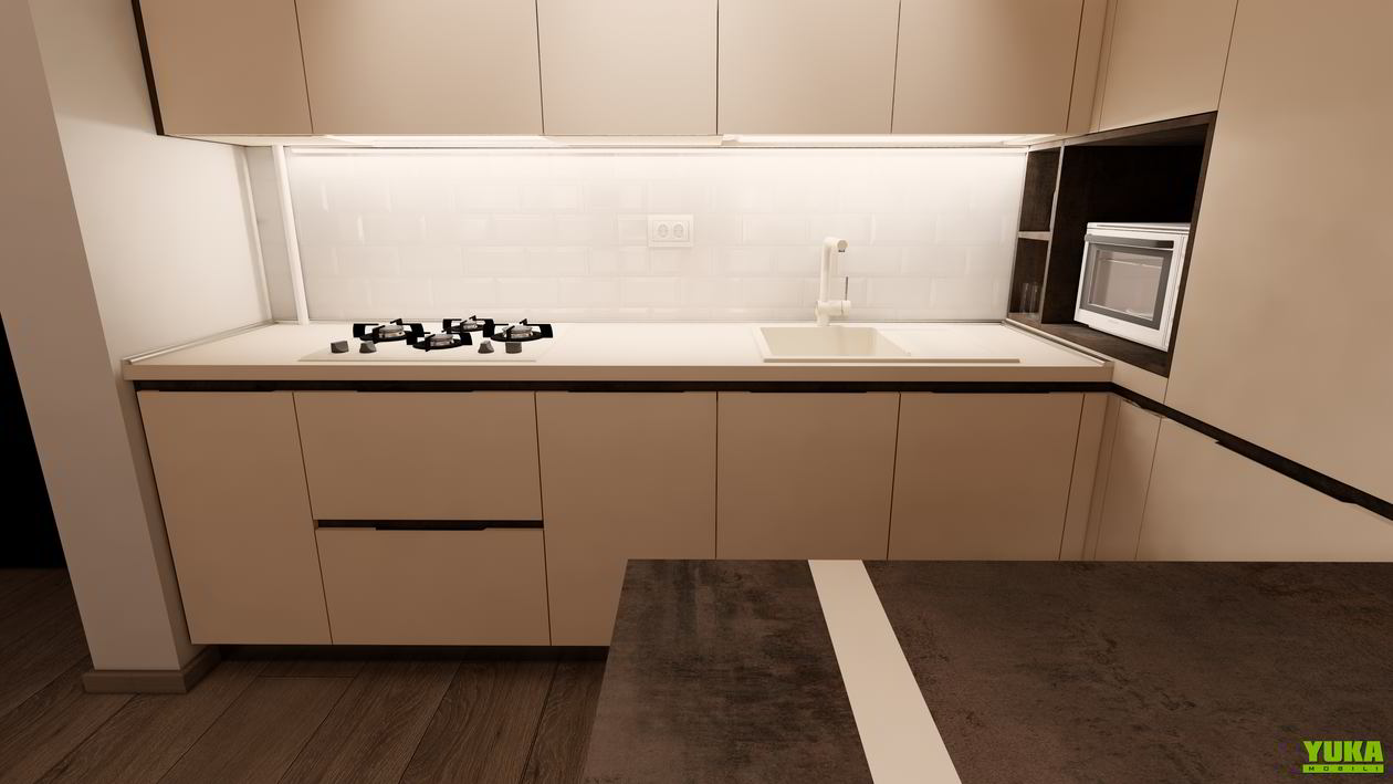Mobila Bucatarie pana in tavan, fara manere, pe colt, cu masa integrata fixa, unita cu Living-Room si Hol, 10m², L 712 x H 251cm — foto 7 din 7