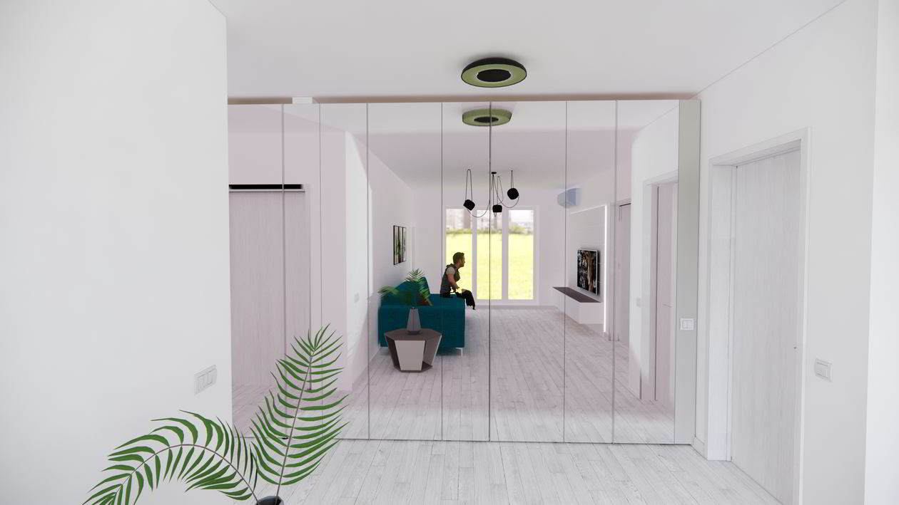 Proiect mobila Hol unit cu Living-Room, cu dulap, sistem inchidere cu usi batante, placare perete, comoda cu usi, 10m², realizat 10 Septembrie 2020 COD.11506