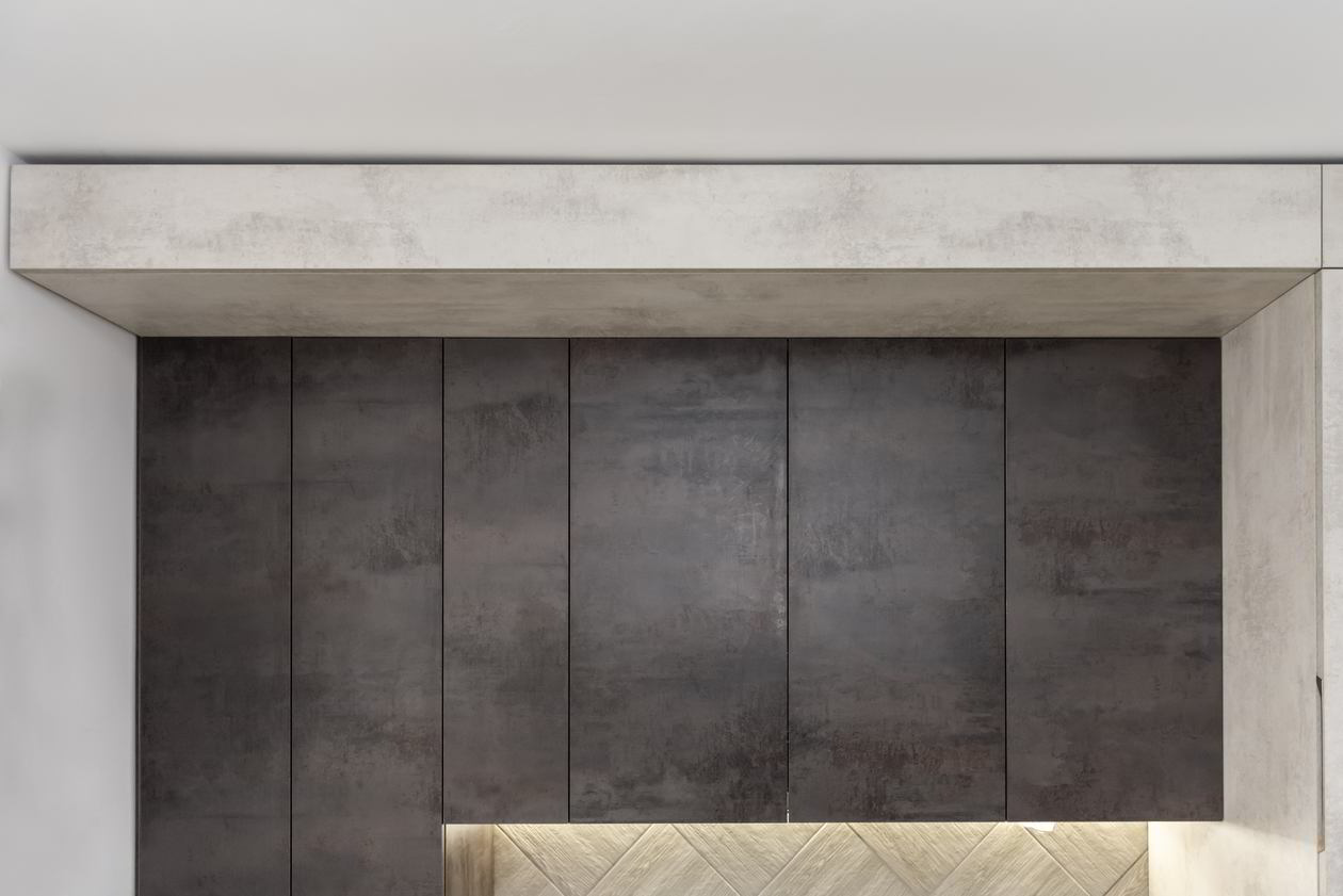 Proiect mobila Bucatarie pana in tavan, pe colt cu o latura mica, masa integrata fixa, unita cu Living-Room si Hol, 14m², L 559 x H 264cm, 25 Septembrie 2020, Realizat COD.11633