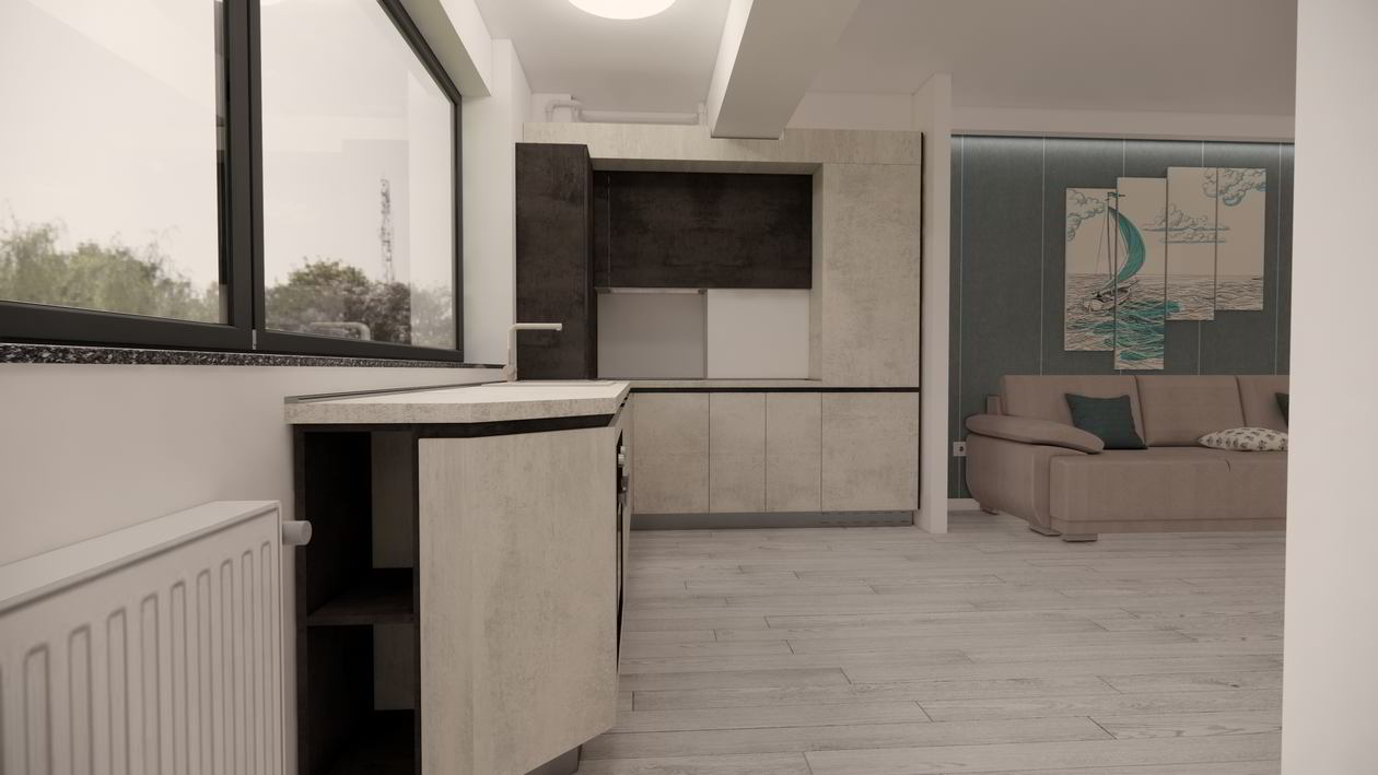 Mobila Bucatarie fara manere, pe doi pereti, pe colt, unita cu Living-Room si Hol, 10m², L 572 x H 241cm — foto 3 din 7