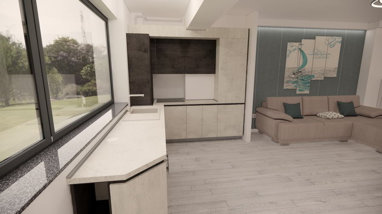 Mobila Bucatarie fara manere, pe doi pereti, pe colt, unita cu Living-Room si Hol, 10m², L 572 x H 241cm — foto 4 din 7