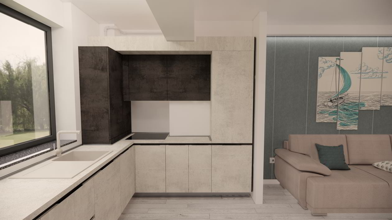 Mobila Bucatarie fara manere, pe doi pereti, pe colt, unita cu Living-Room si Hol, 10m², L 572 x H 241cm — foto 5 din 7