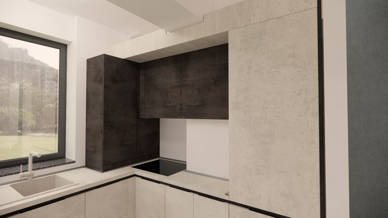 Mobila Bucatarie fara manere, pe doi pereti, pe colt, unita cu Living-Room si Hol, 10m², L 572 x H 241cm — foto 7 din 7