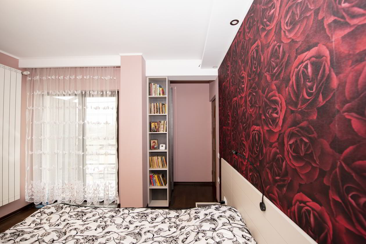 Proiect mobila Dormitor matrimonial, cu dulap cu TV incadrat, pat central, dulap pana in tavan, dulap pe colt, 10m², realizat 15 Octombrie 2020 COD.11826