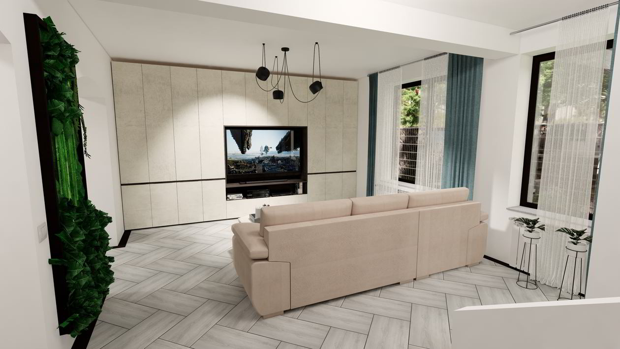Proiect mobila Living pe un perete, pana in tavan, unit cu Bucatarie si Hol, 20m², L 435 x H 263cm, 29 Octombrie 2020 COD.11878
