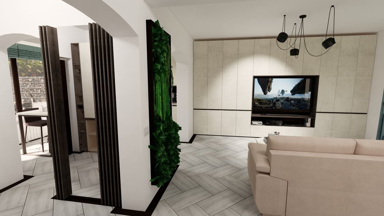 Proiect mobila Living pe un perete, pana in tavan, unit cu Bucatarie si Hol, 20m², L 435 x H 263cm, 29 Octombrie 2020 COD.11878