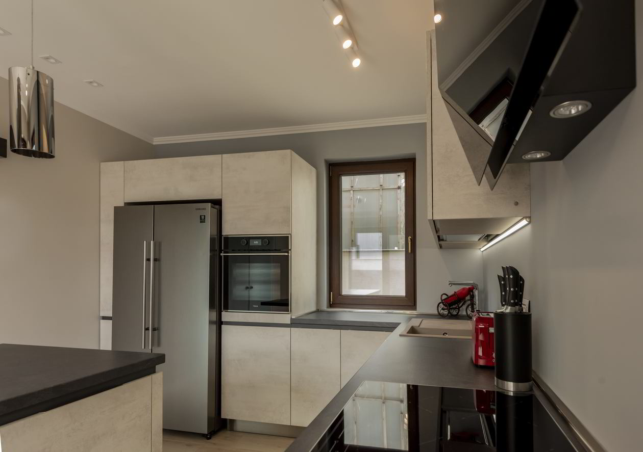 Proiect mobila Bucatarie cu insula, pe doi pereti, cu semi-masa integrata, 16m², L 984 x H 219cm, 14 Noiembrie 2020, Realizat COD.11924
