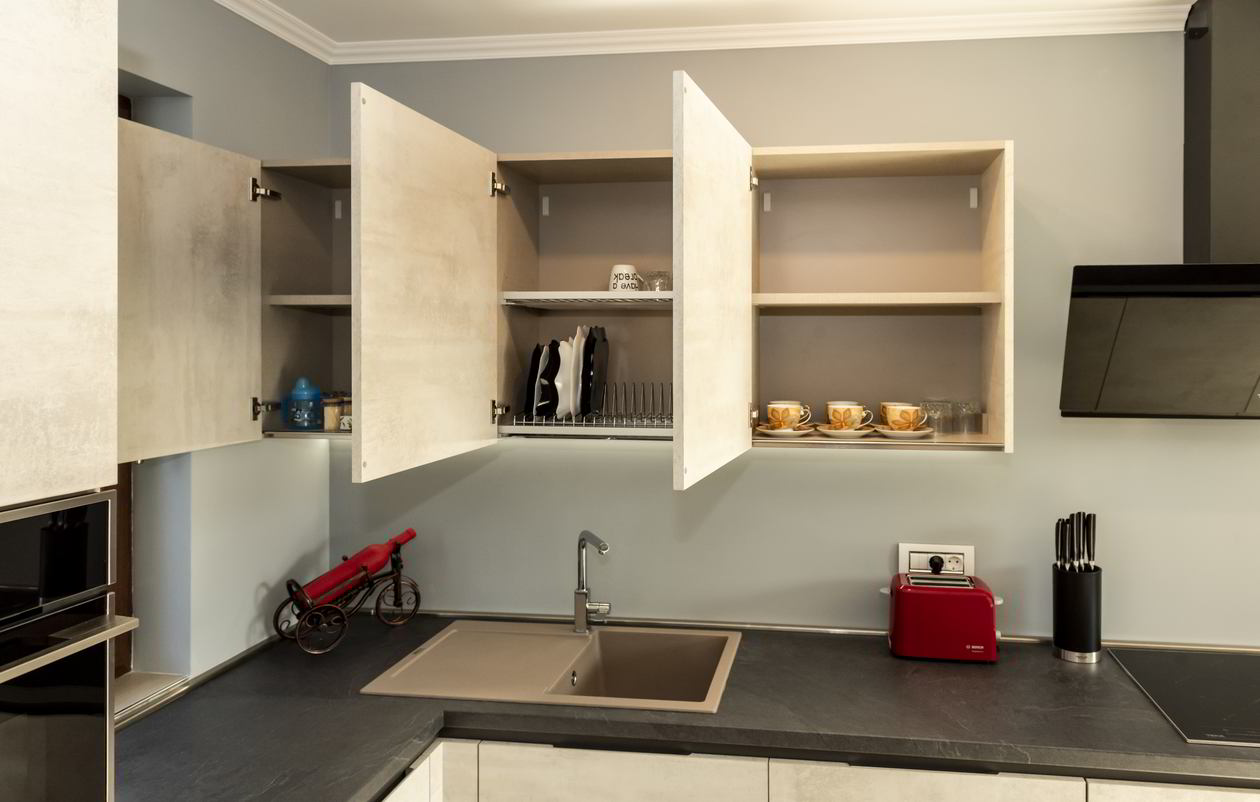 Proiect mobila Bucatarie cu insula, pe doi pereti, cu semi-masa integrata, 16m², L 984 x H 219cm, 14 Noiembrie 2020, Realizat COD.11924