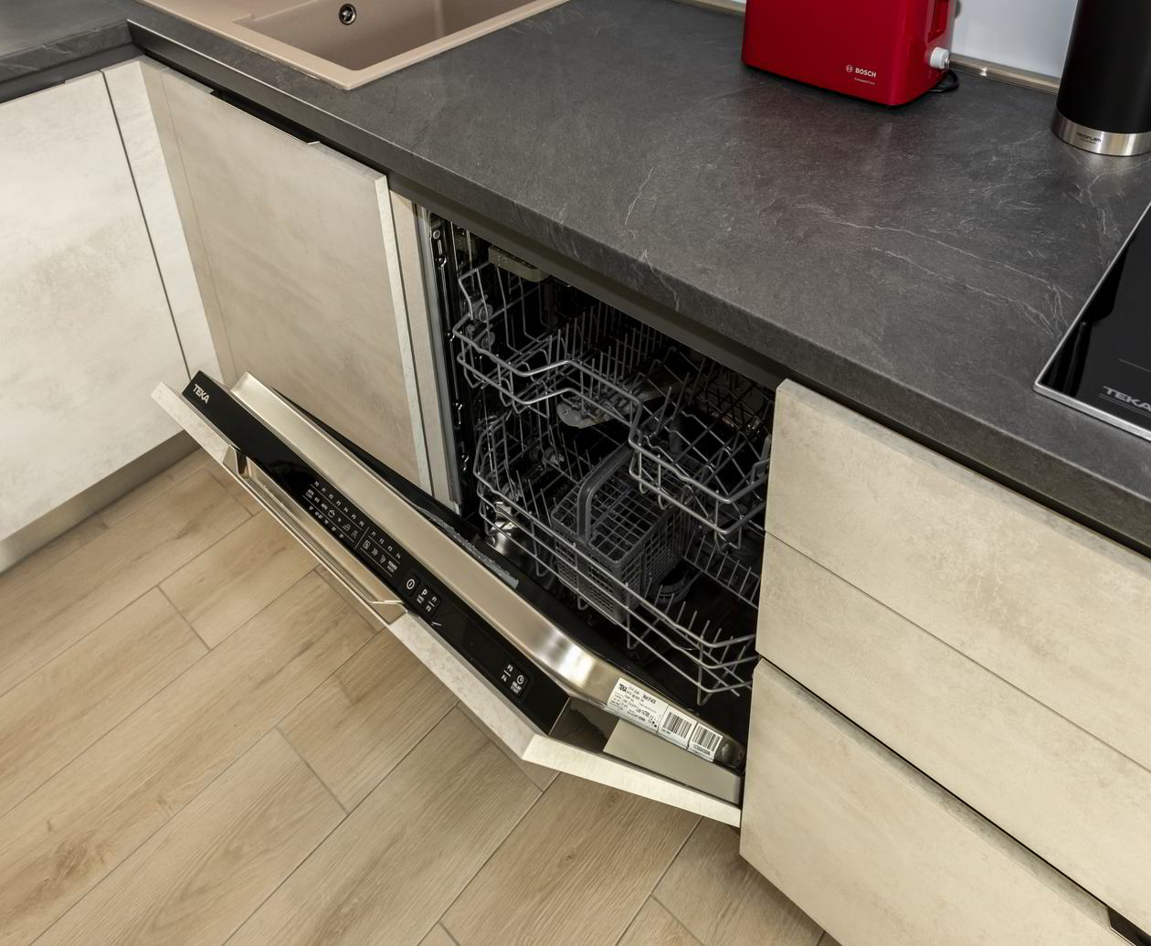 Proiect mobila Bucatarie cu insula, pe doi pereti, cu semi-masa integrata, 16m², L 984 x H 219cm, 14 Noiembrie 2020, Realizat COD.11924
