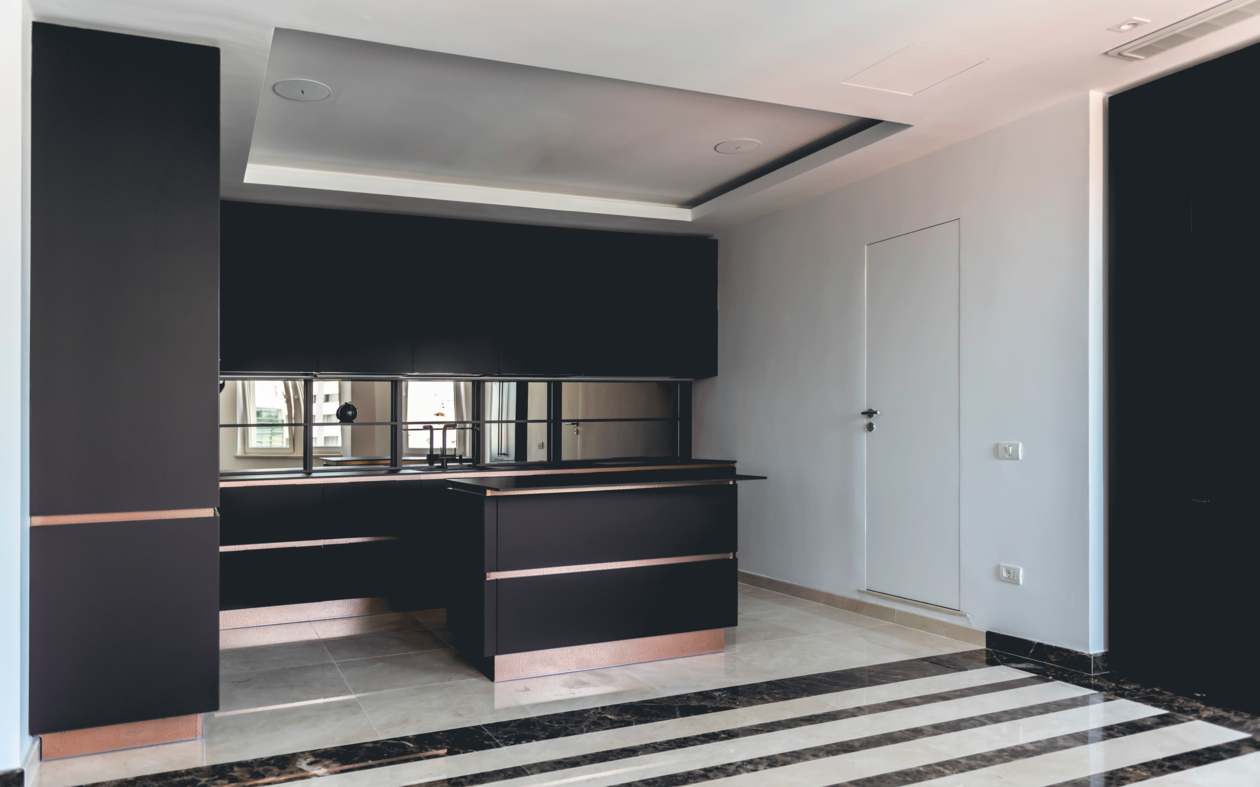 Proiect mobila Bucatarie cu insula, pe trei pereti, pana in tavan, fara manere, cu semi-masa integrata, cu zona Dining, 25m², L 989 x H 258cm, realizat 19 Noiembrie 2020 COD.11948