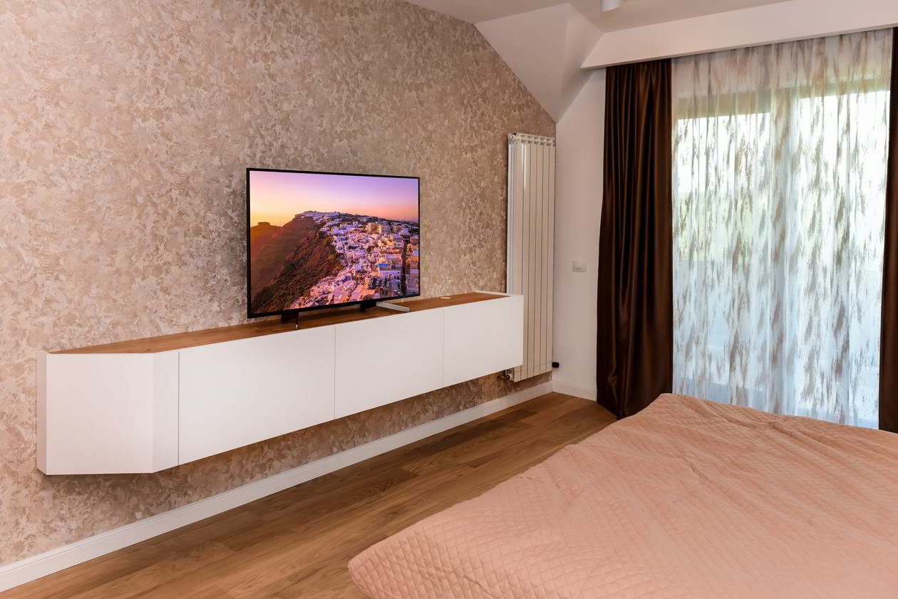 Proiect mobila Dormitor matrimonial, cu compozitie mica pentru TV, pat central, 19m², realizat 07 Decembrie 2020 COD.12013