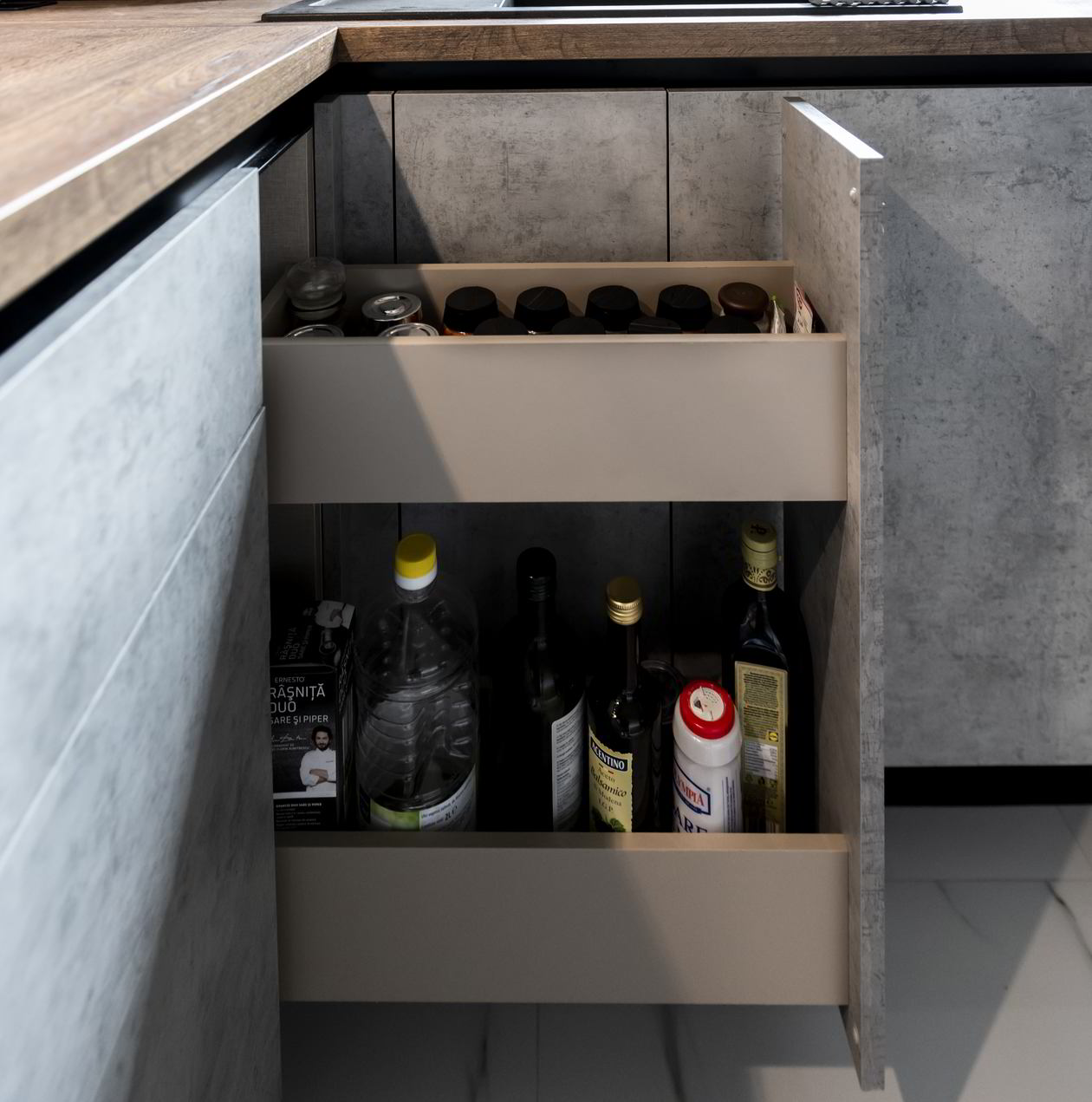 Proiect mobila Bucatarie pe colt, pana in tavan, fara manere, cu masa integrata rabatabila, 8m², L 596 x H 252cm, 28 Ianuarie 2021, Realizat COD.12153