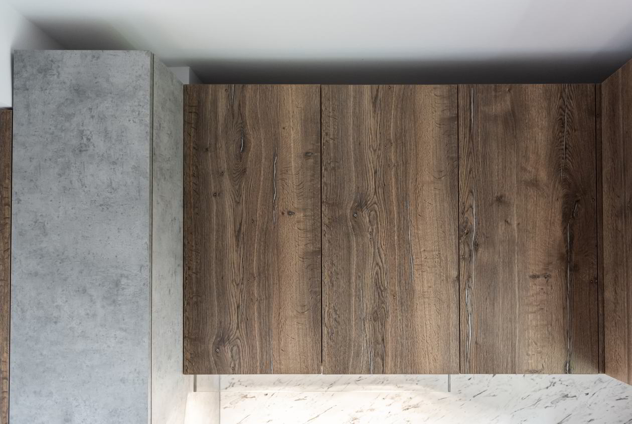 Proiect mobila Bucatarie pe colt, pana in tavan, fara manere, cu masa integrata rabatabila, 8m², L 596 x H 252cm, 28 Ianuarie 2021, Realizat COD.12153