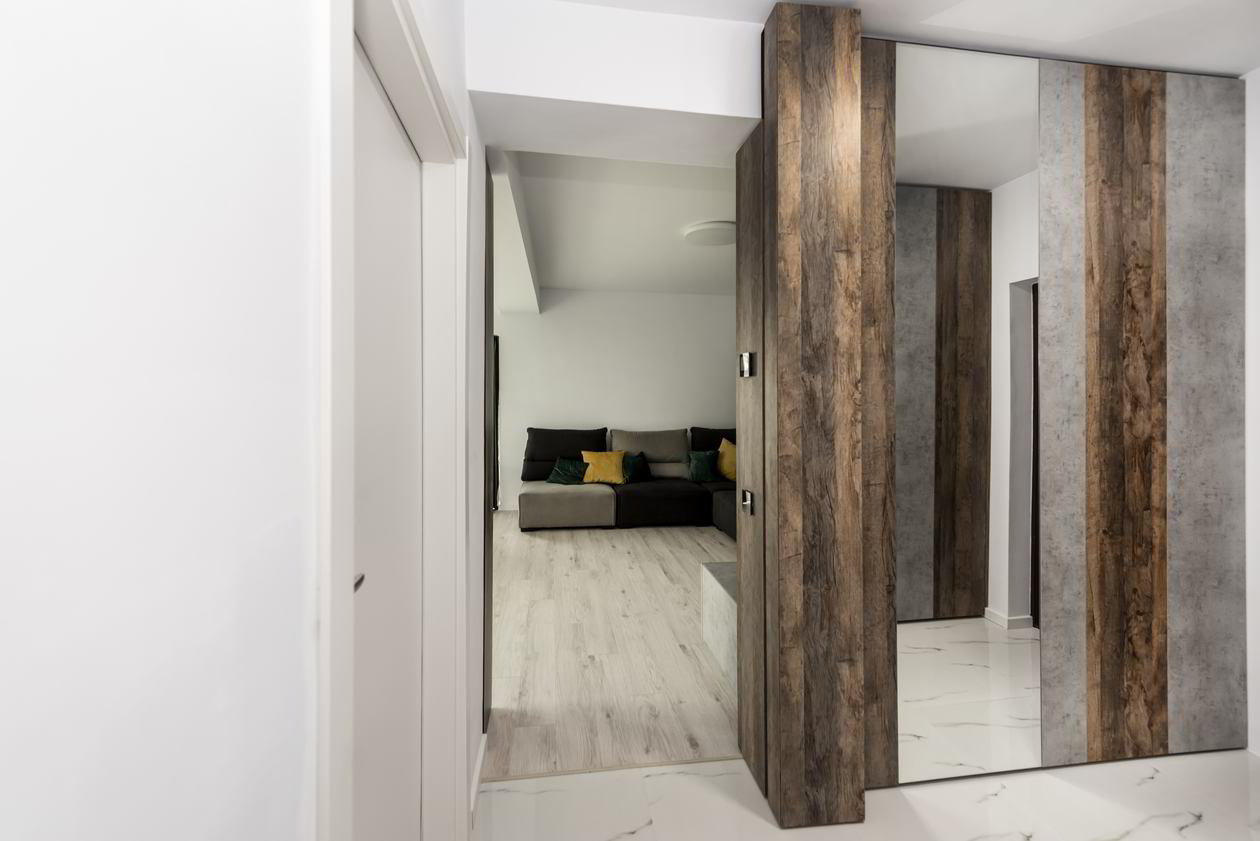 Proiect mobila Hol unit cu Living-Room, cu dulap pana in tavan, placare perete, dulap, 4m², realizat 28 Ianuarie 2021 COD.12154