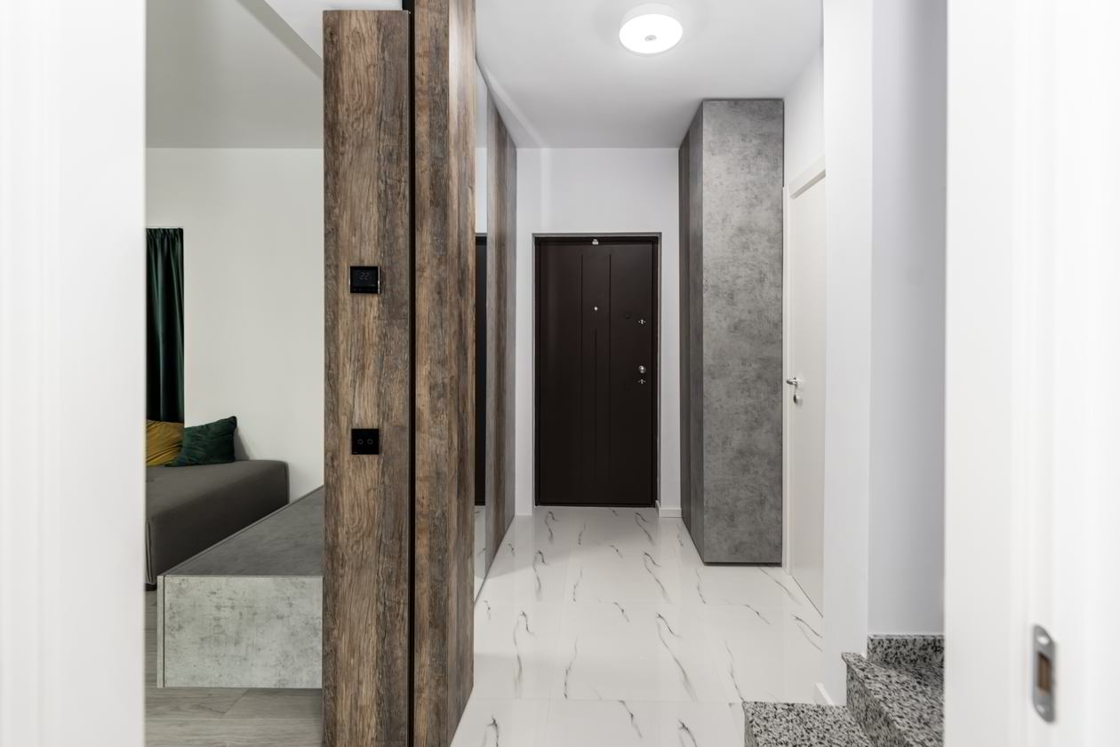 Proiect mobila Hol unit cu Living-Room, cu dulap pana in tavan, placare perete, dulap, 4m², realizat 28 Ianuarie 2021 COD.12154
