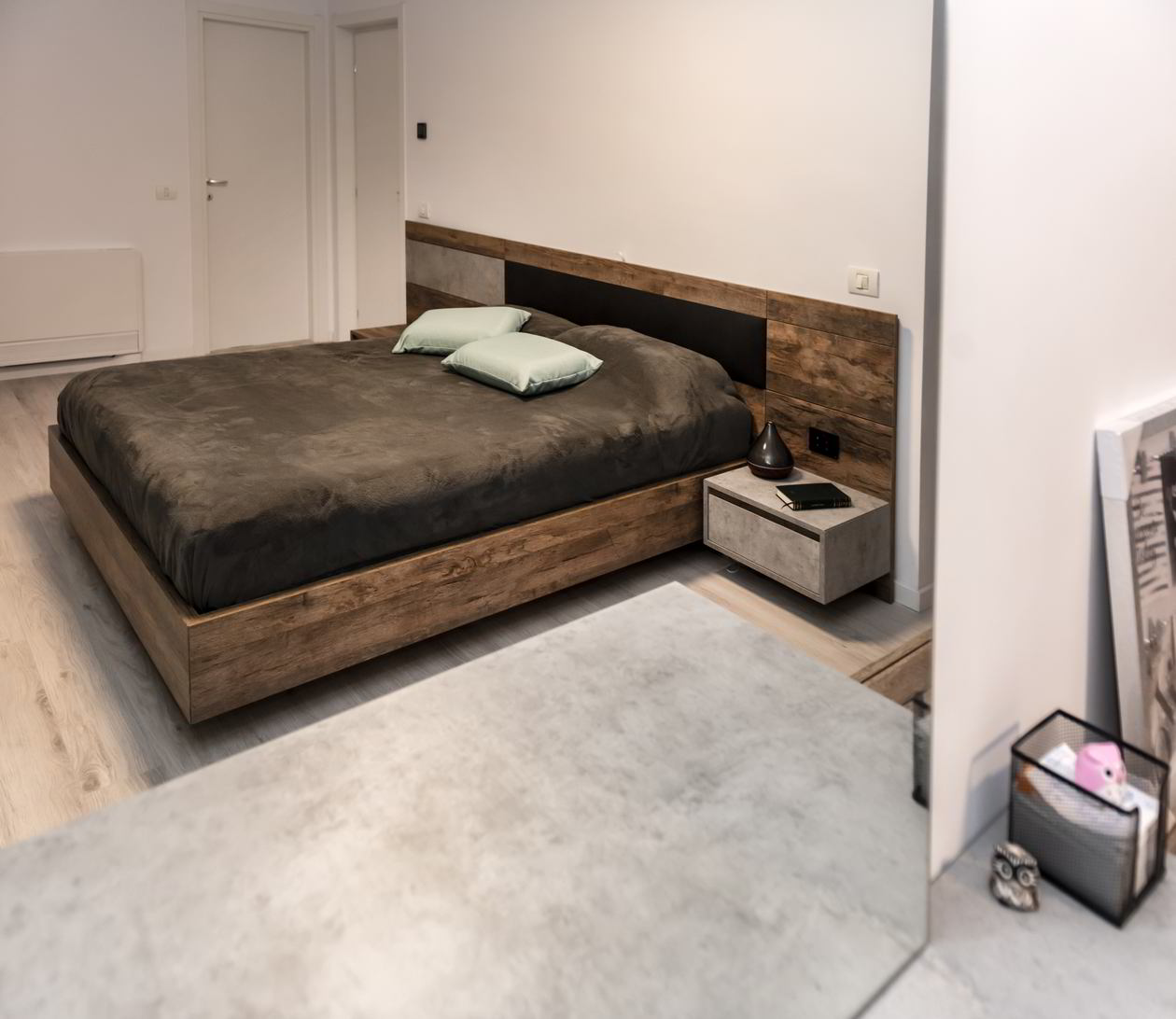 Proiect mobila Dormitor matrimonial, cu dressing, pat central suspendat, compozitie pentru machiat, 20m², realizat 28 Ianuarie 2021 COD.12156