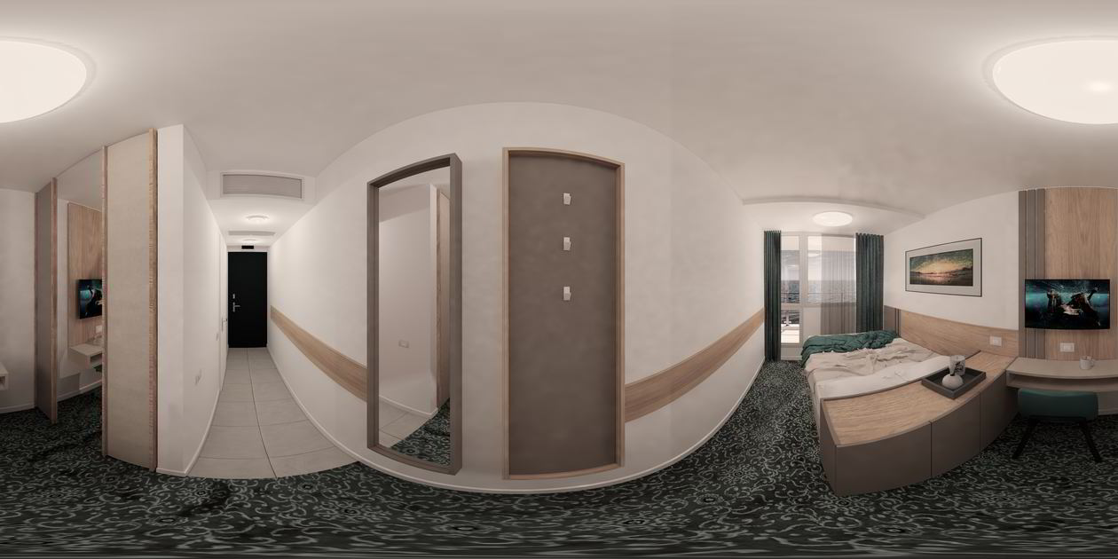 Proiect mobila Camera hotel, Single, cu dulap, birou integrat, pat pe colt, riflaje, bar, oglinda, placare perete, 12 m², Elaborat, 25 Februarie 2021 COD.12314