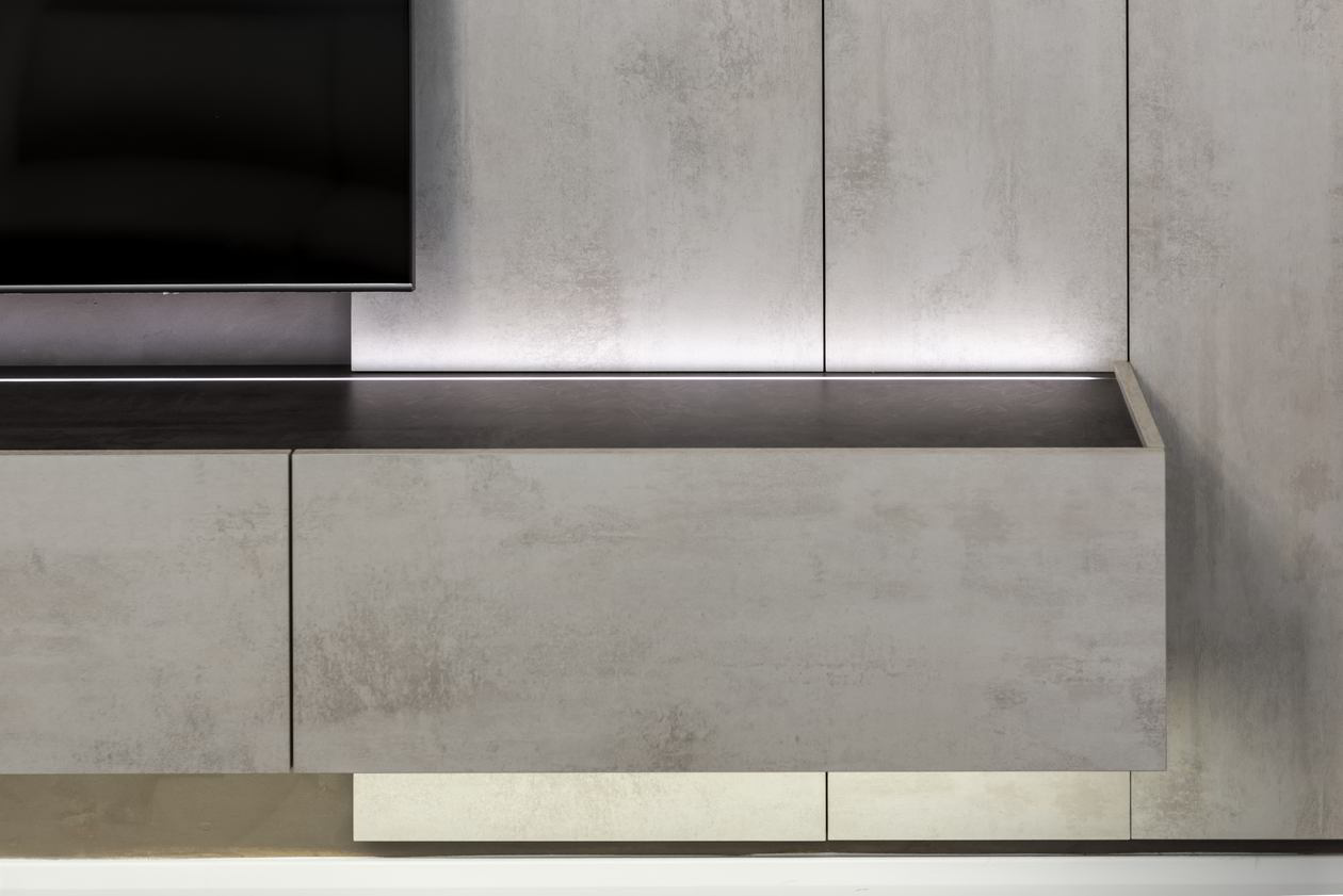 Proiect mobila Living suspendat, pe un perete, unit cu Bucatarie si Hol, 5m², L 378 x H 250cm, realizat 21 Aprilie 2021 COD.12414