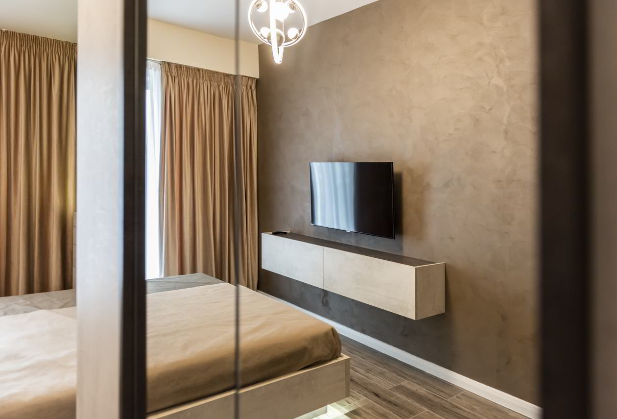 Proiect mobila Dormitor matrimonial, cu dulap pana in tavan, pat central, compozitie mica pentru TV, realizat 21 Aprilie 2021 COD.12416