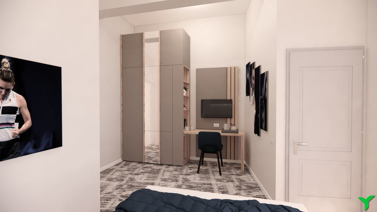 Proiect mobila Dormitor matrimonial, cu dulap, pat central, compozitie mica pentru TV, birou integrat, Simona Halep, 20m², realizat 11 Iunie 2021 COD.13195