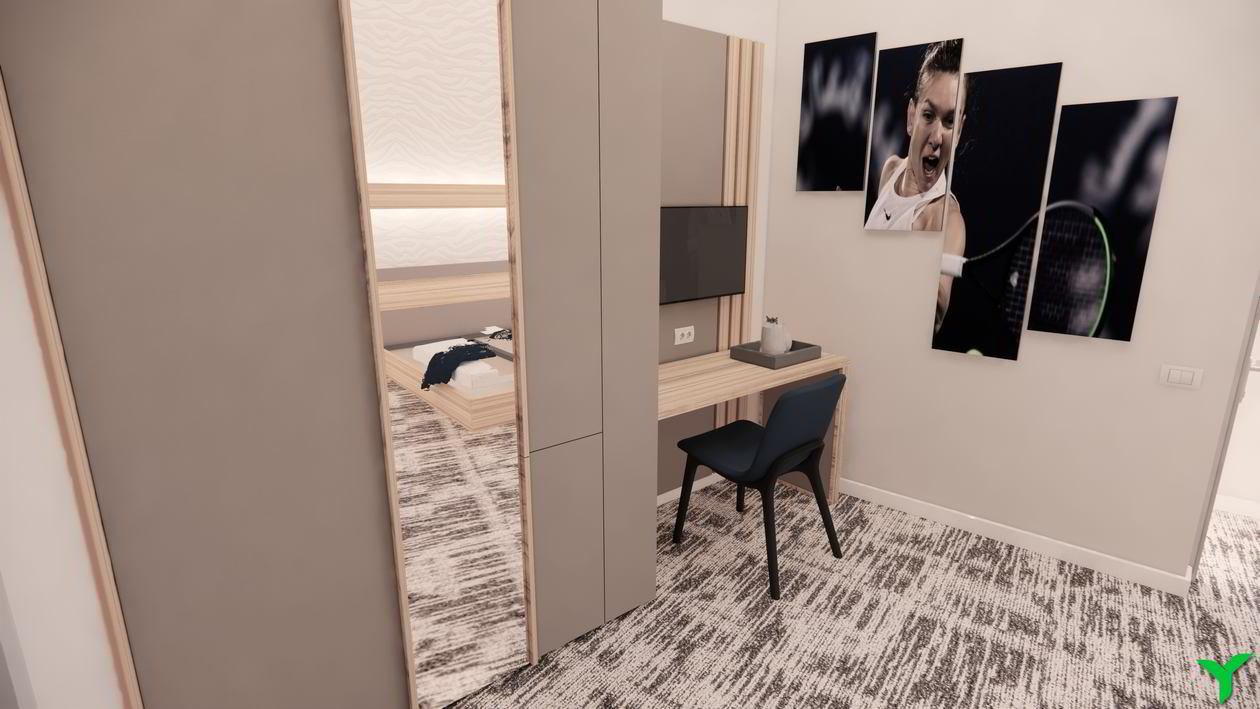 Proiect mobila Dormitor matrimonial, cu dulap, pat central, compozitie mica pentru TV, birou integrat, Simona Halep, 20m², realizat 11 Iunie 2021 COD.13195