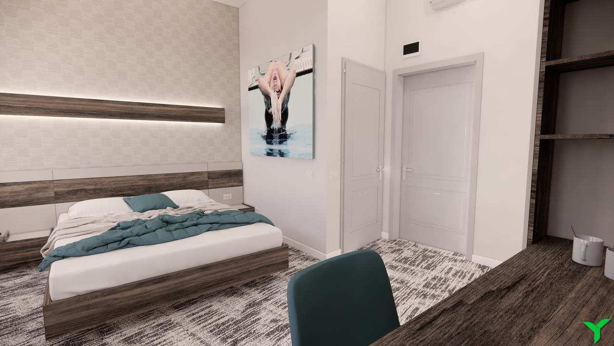 Proiect mobila Dormitor matrimonial, cu dulap pana in tavan, pat central, compozitie mica pentru TV, birou integrat, Razvan Florea, 20m², realizat 11 Iunie 2021 COD.13197