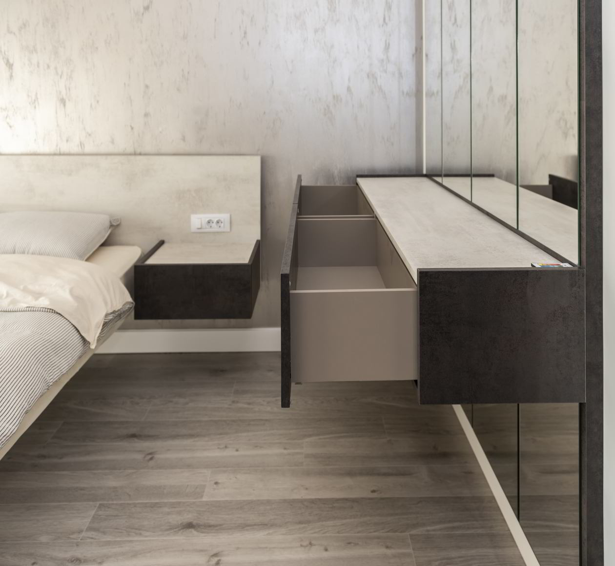 Proiect mobila Dormitor matrimonial, cu pat central suspendat, dulap cu TV incadrat, compozitie pentru machiat, 16m², realizat 22 Iunie 2021 COD.13220