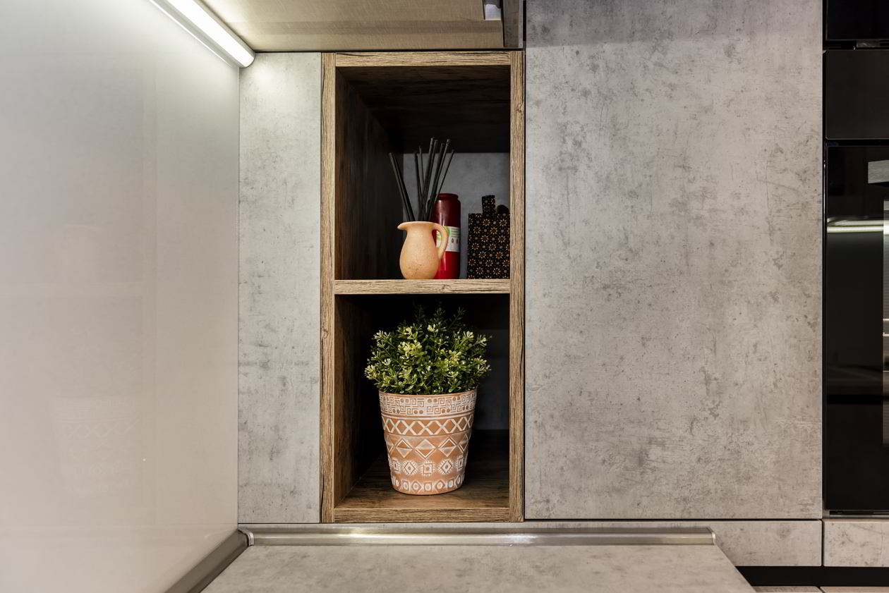 Proiect mobila Bucatarie pe patru pereti, fara manere, pana in tavan, cu masa integrata extractabila, 12m², L 933 x H 260cm, 25 Iunie 2021, Realizat COD.13230