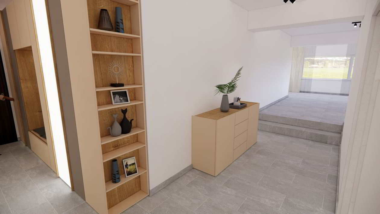 Proiect mobila Hol unit cu Living-Room, cu dulap, comoda cu usi si sertare, dressing, biblioteca integrata, riflaje, sistem inchidere cu usi batante, 20m², 30 August 2021 COD.13356
