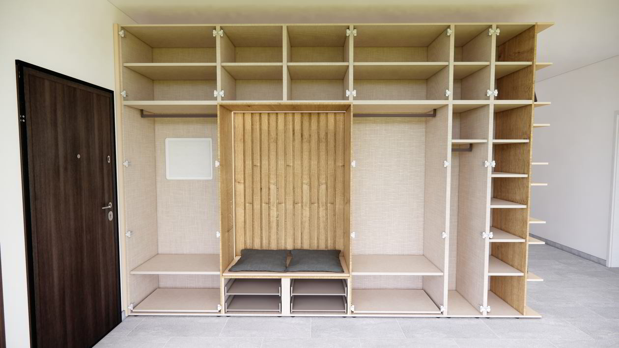 Proiect mobila Hol unit cu Living-Room, cu dulap, comoda cu usi si sertare, dressing, riflaje, 20m², elaborat 30 August 2021 COD.13356