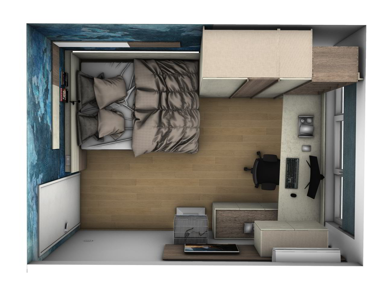Proiect mobila Camera junior Adolescent, cu pat pe colt, dulap pana in tavan, compozitie mica pentru TV, biblioteca integrata, birou integrat, 12m², realizat 11 Octombrie 2021 COD.13522