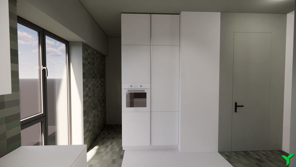 Mobila Bucatarie pe trei pereti, pana in tavan, fara manere, unita cu Living-Room si Hol, L 670 x H 280cm — foto 1 din 7