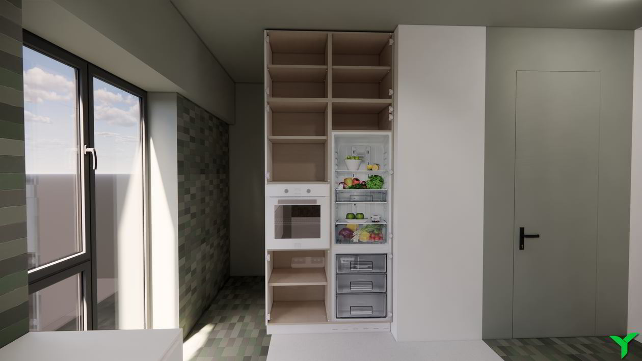 Mobila Bucatarie pe trei pereti, pana in tavan, fara manere, unita cu Living-Room si Hol, L 670 x H 280cm — foto 2 din 7