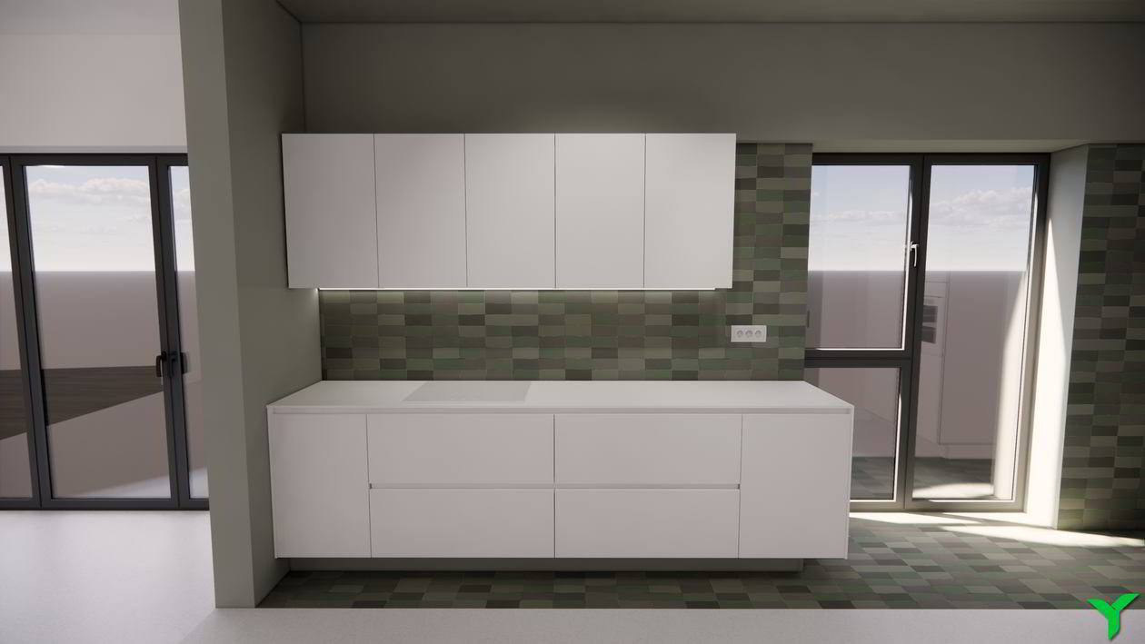 Mobila Bucatarie pe trei pereti, pana in tavan, fara manere, unita cu Living-Room si Hol, L 670 x H 280cm — foto 4 din 7