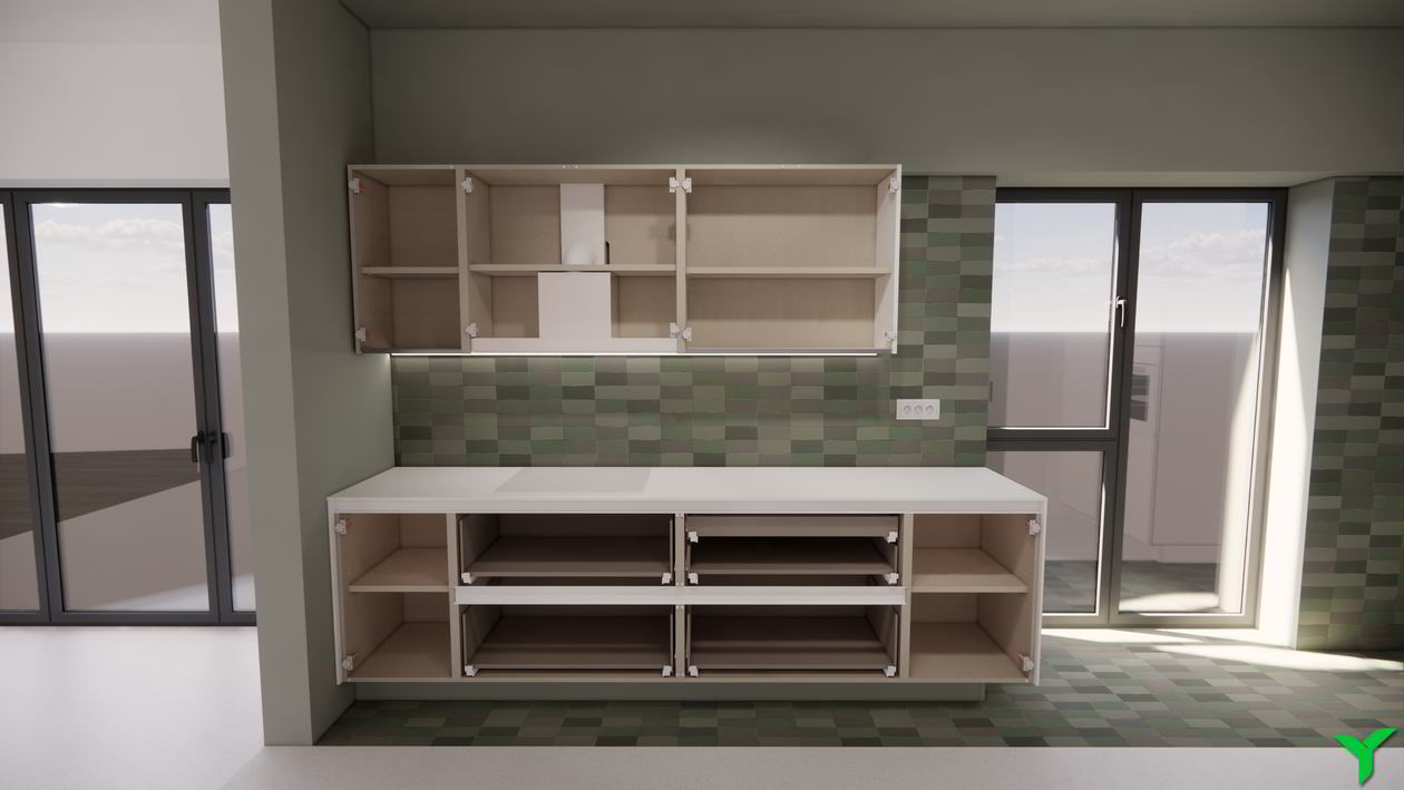 Mobila Bucatarie pe trei pereti, pana in tavan, fara manere, unita cu Living-Room si Hol, L 670 x H 280cm — foto 5 din 7